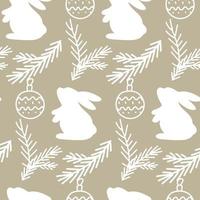 Christmas pattern with a rabbit and Christmas tree branches. vector