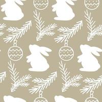 Christmas pattern with a rabbit and Christmas tree branches. vector