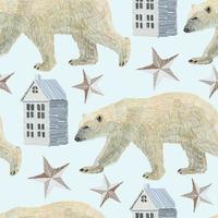 Christmas background with polar bear, house and stars. Seamless pattern. Imitation embroidery vector