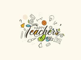 Happy teacher's day greeting card. Celebrating Teacher's Day with icon set of paper, book, pencil, heart shape, post card, light bulb, hat, aero plane, umbrella etc.