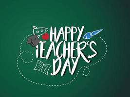 Happy teacher's day greeting card. Celebrating Teacher's Day with icon set of paper, book, pencil, heart shape, post card, light bulb, hat, aero plane, umbrella etc.