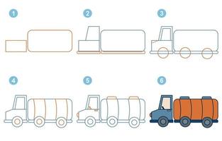 Instructions for drawing fuel tanker. Follow step by fuel tanker. Worksheet for kid learning to draw transport. Game for child vector page. Scheme for drawing fuel tanker. Vector illustration
