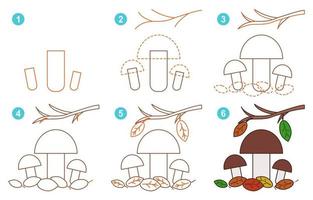 Instructions for drawing cute porcini mushrooms. Follow step by porcini mushrooms. Worksheet for kid learning to draw mushrooms. Game for child vector page. Scheme for drawing porcini mushrooms.