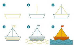 Instructions for drawing cute sailboat. Follow step by sailboat. Worksheet for kid learning to draw water transport. Game for child vector page. Scheme for drawing sailboat. Vector illustration