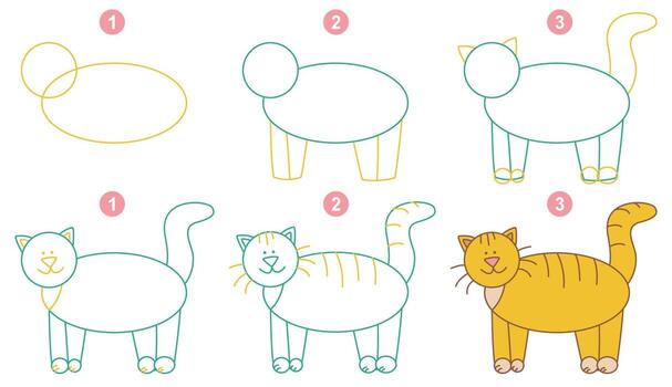 Instructions for drawing funny cat. Follow step by step. Worksheet for kid learning to draw animals. Game for child vector page. Scheme for drawing cat. Vector illustration