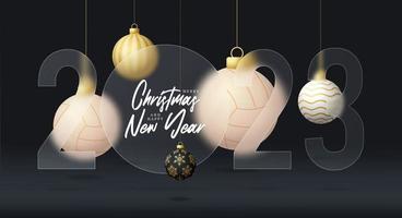 volleyball 2023 new year sale banner or greeting card. happy new year and merry christmas sport banner with glassmorphism, glass-morphism or glass morphism blur effect. Realistic vector illustration