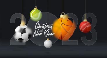 Sport 2023 new year sale banner or greeting card. happy new year and merry christmas sport banner with glassmorphism, glass-morphism or glass morphism blur effect. Realistic vector illustration