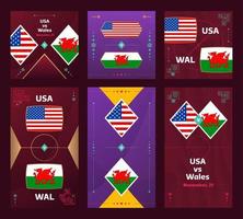 USA vs Wales Match. World Football 2022 vertical and square banner set for social media. 2022 Football infographic. Group Stage. Vector illustration announcement