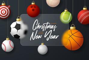 banner de venta de navidad deportiva o tarjeta de felicitación. feliz año nuevo y feliz navidad banner deportivo con efecto de desenfoque de morfismo de vidrio, morfismo de vidrio o morfismo de vidrio. ilustración vectorial realista vector