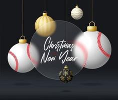 banner de venta de navidad de béisbol o tarjeta de felicitación. feliz año nuevo y feliz navidad banner deportivo con efecto de desenfoque de morfismo de vidrio, morfismo de vidrio o morfismo de vidrio. ilustración vectorial realista vector