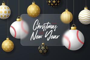 Baseball Christmas sale banner or greeting card. happy new year and merry christmas sport banner with glassmorphism, glass-morphism or glass morphism blur effect. Realistic vector illustration