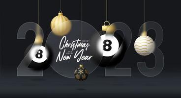 Billiard 2023 new year sale banner or greeting card. happy new year and merry christmas sport banner with glassmorphism, glass-morphism or glass morphism blur effect. Realistic vector illustration