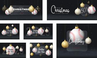 Baseball Christmas sale banner or greeting card. happy new year and merry christmas sport banner with glassmorphism, glass-morphism or glass morphism blur effect. Realistic vector illustration