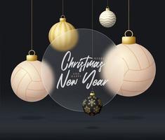 Volleyball Christmas sale banner or greeting card. happy new year and merry christmas sport banner with glassmorphism, glass-morphism or glass morphism blur effect. Realistic vector illustration