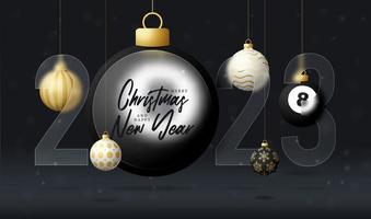 cartel de venta de año nuevo de billar 2023 o tarjeta de felicitación. feliz año nuevo y feliz navidad banner deportivo con efecto de desenfoque de morfismo de vidrio, morfismo de vidrio o morfismo de vidrio. ilustración vectorial realista vector