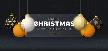 banner de venta de navidad de ping-pong o tarjeta de felicitación. feliz año nuevo y feliz navidad banner deportivo con efecto de desenfoque de morfismo de vidrio, morfismo de vidrio o morfismo de vidrio. ilustración vectorial realista vector