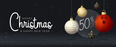 banner de venta de navidad de bolos o tarjeta de felicitación. feliz año nuevo y feliz navidad banner deportivo con efecto de desenfoque de morfismo de vidrio, morfismo de vidrio o morfismo de vidrio. ilustración vectorial realista vector