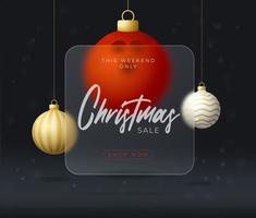 Bowling Christmas sale banner or greeting card. happy new year and merry christmas sport banner with glassmorphism, glass-morphism or glass morphism blur effect. Realistic vector illustration