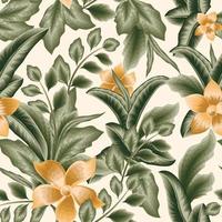 jungle plants illustration seamless pattern with green vintage tropical leaves and abstract frangipani flowers on beige background.naturel wallpaper. Floral background. forest background. autumn vector