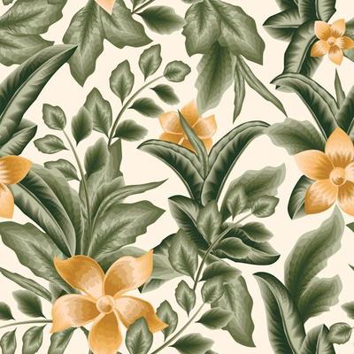 jungle plants illustration seamless pattern with green vintage tropical leaves and abstract frangipani flowers on beige background.naturel wallpaper. Floral background. forest background. autumn