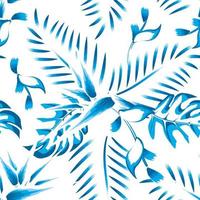 nature wallpaper with abstract blue Monochromatic strelitzia flower and palm leaves tropical seamless pattern on white background. endless motif fashionable for textile decor. summer design. spring vector