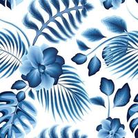 Summer background seamless pattern with vintage blue monochromatic tropical leaves and plant foliage on white background. Modern abstract design for fabric, paper, interior decoration. autumn design