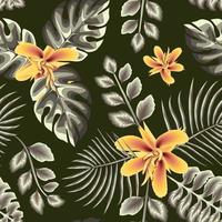 fondo de color verde planta tropical patrón sin costuras con hojas de palma monstera y diseño de flores de hibisco naranja. textura de moda. estampado de verano. papel pintado floral. fondo de la selva. natural vector