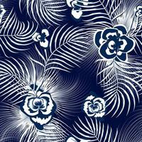 patrón tropical abstracto sin fisuras con hojas de palma y flores de color azul claro sobre fondo oscuro. dibujo de flores antiguas. diseño vectorial impresión de la selva. fondo floral. textura de moda. el verano vector