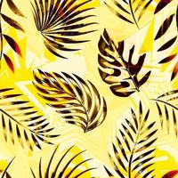 tropical plants leaves and foliage seamless pattern on abstract yellow background. Vintage grunge background. nature wallpaper. tropical background decorative. Exotic tropics. Summer design vector