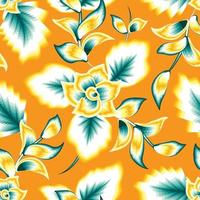 Fashionable seamless tropical pattern with blue light tropical leaves and floral plants foliage on orange background. Beautiful exotic plants. Trendy summer print. Colorful stylish floral. Exotic vector