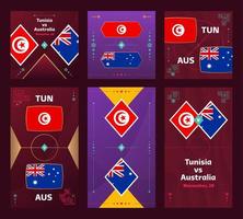 Tunisia vs Australia Match. World Football 2022 vertical and square banner set for social media. 2022 Football infographic. Group Stage. Vector illustration announcement