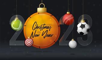 Sport 2023 new year sale banner or greeting card. happy new year and merry christmas sport banner with glassmorphism, glass-morphism or glass morphism blur effect. Realistic vector illustration