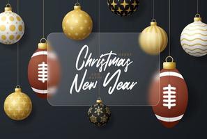 American Football Christmas sale banner or greeting card. happy new year and merry christmas sport banner with glassmorphism, glass-morphism or glass morphism blur. Realistic vector illustration