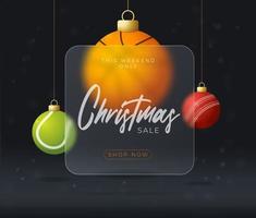 Sport Christmas sale banner or greeting card. happy new year and merry christmas sport banner with glassmorphism, glass-morphism or glass morphism blur effect. Realistic vector illustration