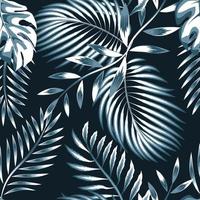 hojas de palma de monstera azul y patrón sin costuras de plantas tropicales de helecho sobre fondo oscuro. textura de moda. diseño de verano. impresión de la selva. papel tapiz tropical exótico. diseño de época otoño. el verano vector
