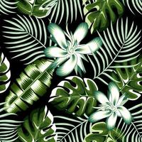 night jungle illustration seamless pattern with tropical monstera palm leaves and abstract hibiscus flowers plants and foliage on dark background. Floral background. nature wallpaper. green banana vector