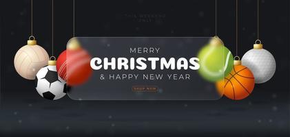 banner de venta de navidad deportiva o tarjeta de felicitación. feliz año nuevo y feliz navidad banner deportivo con efecto de desenfoque de morfismo de vidrio, morfismo de vidrio o morfismo de vidrio. ilustración vectorial realista vector