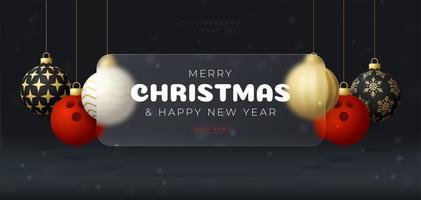 Bowling Christmas sale banner or greeting card. happy new year and merry christmas sport banner with glassmorphism, glass-morphism or glass morphism blur effect. Realistic vector illustration