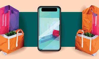 compras en línea o ilustración del concepto de entrega 3d vector show trolley, bolsas y cajas. moderno diseño de moda colores brillantes en el teléfono inteligente