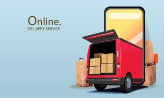 furgoneta de entrega en caja de teléfono compras, entrega, transporte publicidad concepto diseño vector 3d