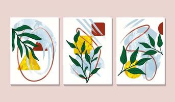conjunto de 3 póster de arte de pared minimalista con hojas de palma y elemento de formas abstractas vector