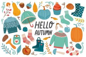 Autumn icons set vector illustration leaves, pumpkins, sweater, cute animals, socks, floral wreath