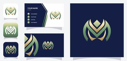 vector graphic of initial MV or VM green and gold color logo design skull eyes with business card