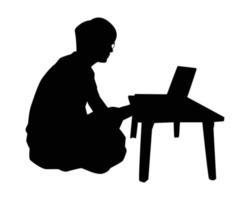 A boy is sitting with computer notebook silhouette vector on white, people and technology concept.