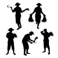 Asian farmer silhouette vector illustration, agricultural harvesting concept isolated on white background.