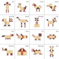Tangram puzzle for children. Mongolian game. Set with 16 different objects. Vector illustration