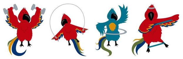 Funny macaw parakeets doing sports. Set of sports parrots. Vector illustration