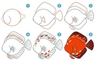 Instructions for drawing cute discus. Follow step by step for drawing discus. Worksheet for kid learning to draw aquarium fish. Game for child vector page. Scheme for drawing discus.