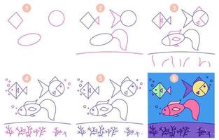 Instructions for drawing cute pisces. Follow step by pisces. Worksheet for kid learning to draw coral reef. Game for child vector page. Scheme for drawing pisces. Vector illustration