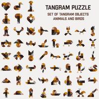 Puzzle game Leaf for children. Tangram. Schemas with different animals, birds and objects. Vector illustration